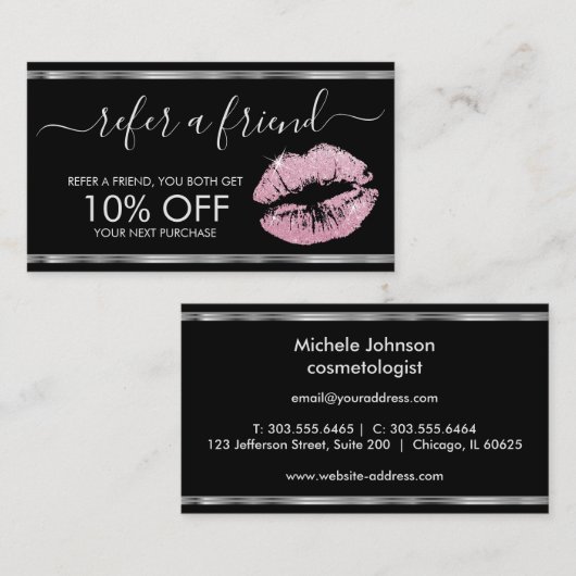 Verwijs een Vriend - Roze glitter-stick - Zilver Aanbevelingskaartje (Voorkant / Achterkant)