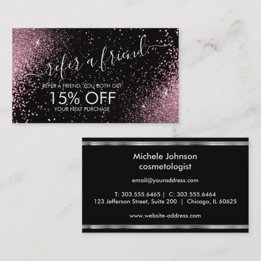 Verwijs een Vriend - Roze Glitter - Zilveren Verwi Aanbevelingskaartje (Voorkant / Achterkant)