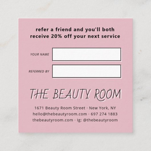 Verwijs een vriend roze roze handtekeningen. aanbevelingskaartje (Achterkant)