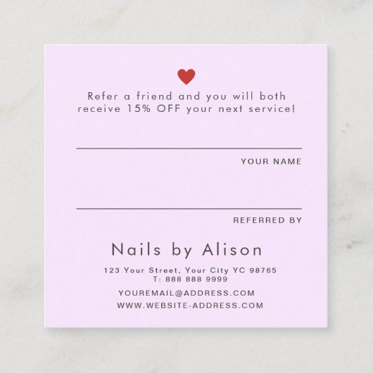 Verwijs naar een vriend roze paarse moderne typogr aanbevelingskaartje (Achterkant)