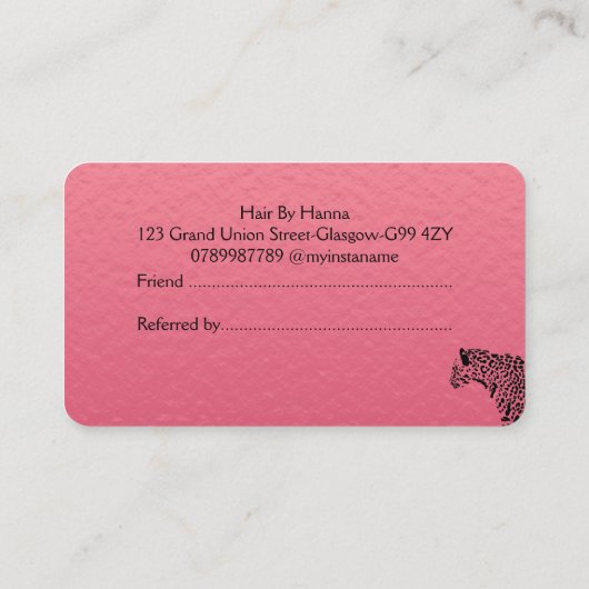 Verwijzing naar Elegant Pink en Black Jaguar Visitekaartje (Achterkant)