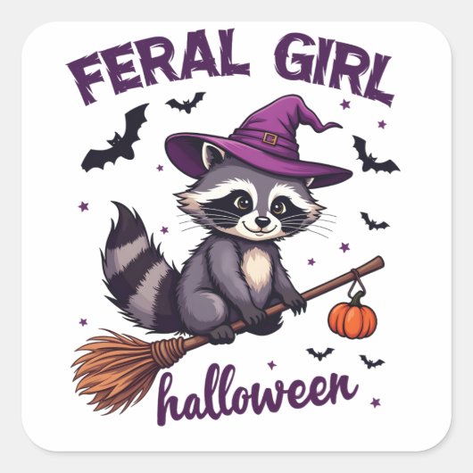 Verwilderd Meisje Halloween Spooky Raccoon Witch G Vierkante Sticker (Voorkant)