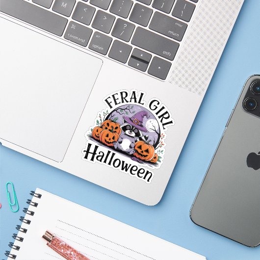 Verwilderd meisje Halloween Sticker (Laptop met iPhone)