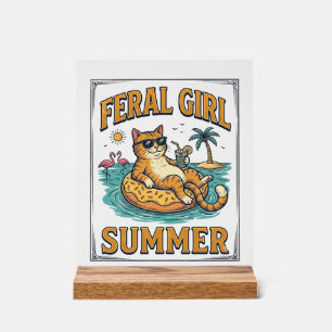 Verwilderd Meisje Zomer Kat Drijft Vintage T-shirt Acryl Bord