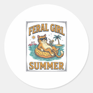 Verwilderd Meisje Zomer Kat Drijft Vintage T-shirt Ronde Sticker