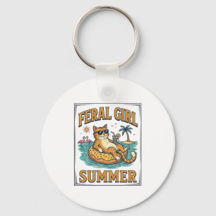 Verwilderd Meisje Zomer Kat Drijft Vintage T-Shirt Sleutelhanger