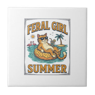 Verwilderd Meisje Zomer Kat Drijft Vintage T-shirt Tegeltje