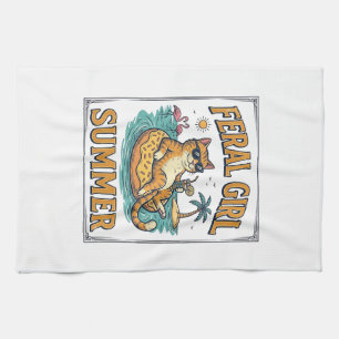 Verwilderd Meisje Zomer Kat Drijft Vintage T-Shirt Theedoek