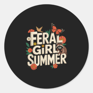 Verwilderd meisje zomer wasbeer wilde bloemen grap ronde sticker