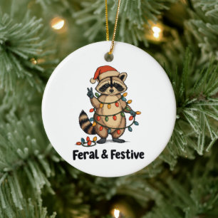 Verwilderde en Feestelijke Wasbeer Kerst Xmas Lich Keramisch Ornament