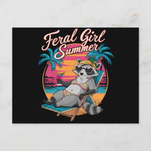 Verwilderde Meisje Zomer Strand Grappige Wasbeer Briefkaart