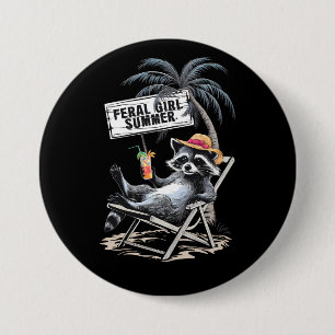 Verwilderde Meisje Zomer Strand Grappige Wasbeer Ronde Button 7,6 Cm