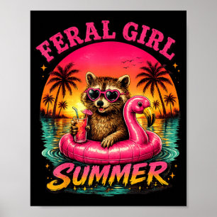 Verwilderde Meisje Zomer Strand Wasbeer Stijl Poster