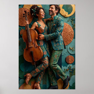 Verwisseld blij dansend volksduo - 3D Teal Koper Poster