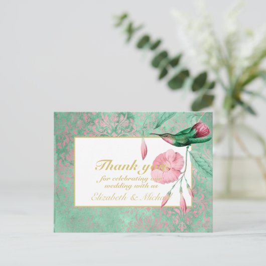 Verwöhnende Mint Roze Kolibrie Bloemige DANK JE WE Briefkaart (Staand voorkant)