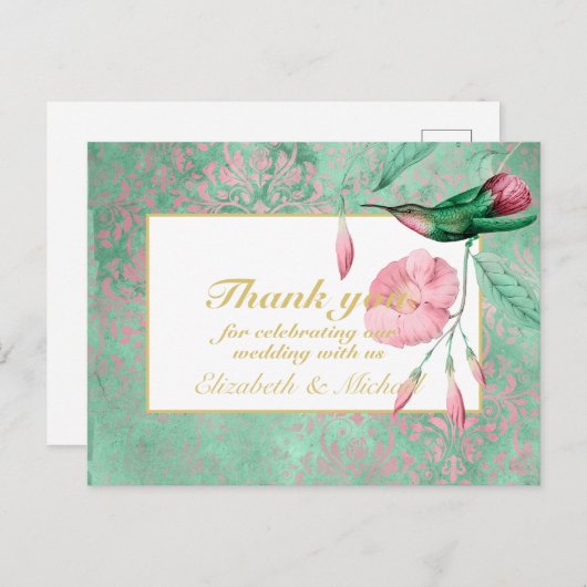 Verwöhnende Mint Roze Kolibrie Bloemige DANK JE WE Briefkaart (Voorkant / Achterkant)