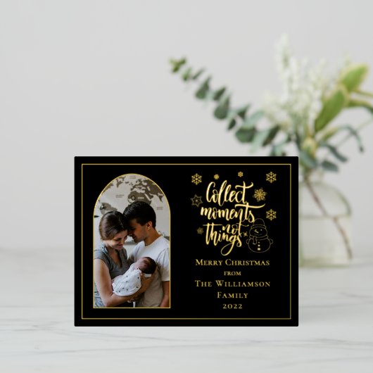 Verzamel Momenten Niet Dingen Sneeuwman Prettig Ke Folie Feestdagen Briefkaart (Staand Voorkant)