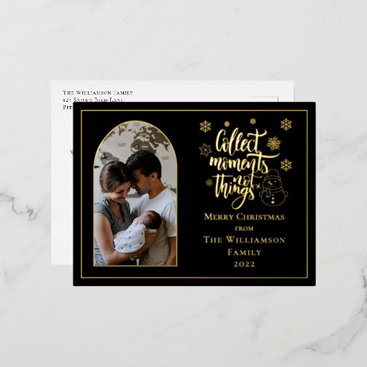 Verzamel Momenten Niet Dingen Sneeuwman Prettig Ke Folie Feestdagen Briefkaart (Voorkant / Achterkant)