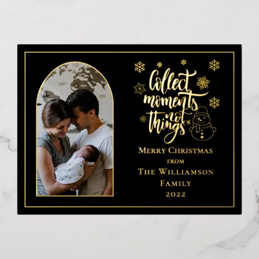 Verzamel Momenten Niet Dingen Sneeuwman Prettig Ke Folie Feestdagen Briefkaart (Voorkant)