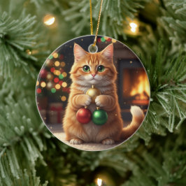 Verzamelaar Kat Kerst Trots Kat met Kerstballen Keramisch Ornament