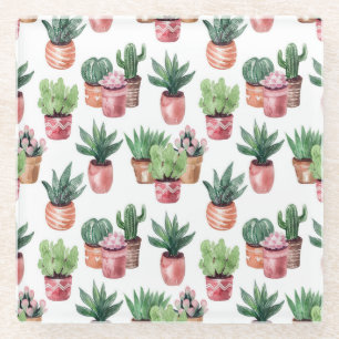 Verzameling cactussen in potten, aquarel. glazen onderzetter