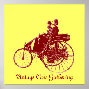 Verzameling vintage auto's, geel bruin poster
