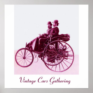 Verzameling vintage auto's, paars roze wit poster