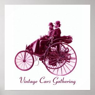 Verzameling vintage auto's, paars violet wit poster