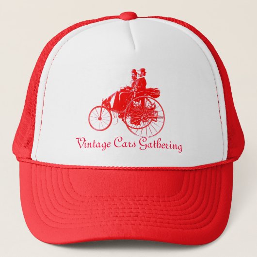 Verzameling vintage auto's, rood wit trucker pet (Voorkant)