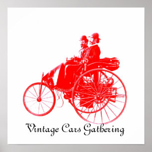 Verzameling vintage auto's, wit rood poster