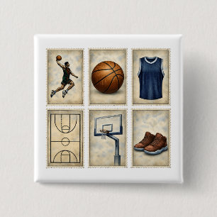 Verzameling Vintage Basketbalstempels Sport Vierkante Button 5,1 Cm