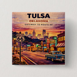 Verzamelobject Tulsa Route 66 Reis Vierkante Button 5,1 Cm