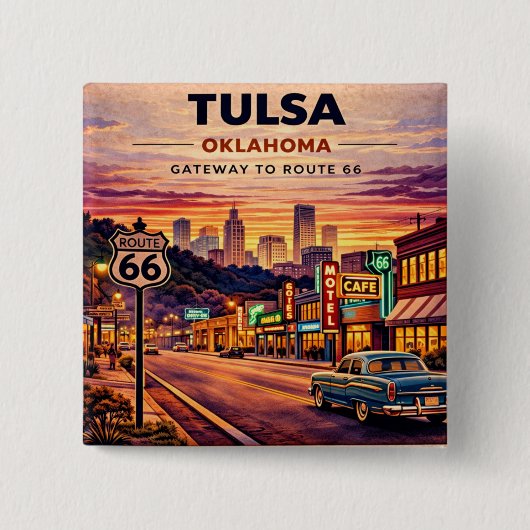 Verzamelobject Tulsa Route 66 Reis Vierkante Button 5,1 Cm (Voorkant)