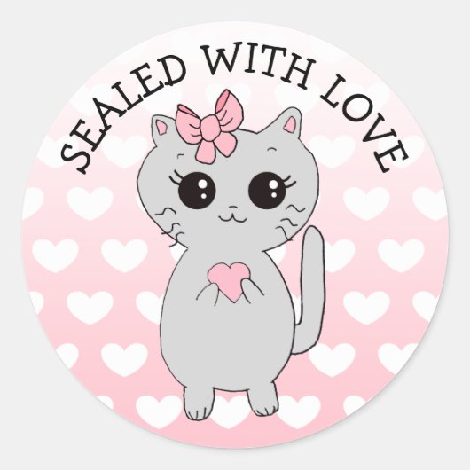 Verzegeld met liefde Cartoon kat met strik hart Ronde Sticker (Voorkant)