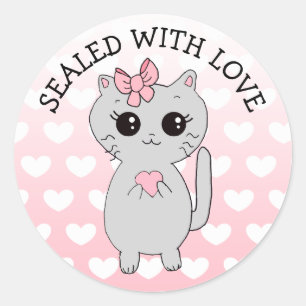 Verzegeld met liefde Cartoon kat met strik hart Ronde Sticker