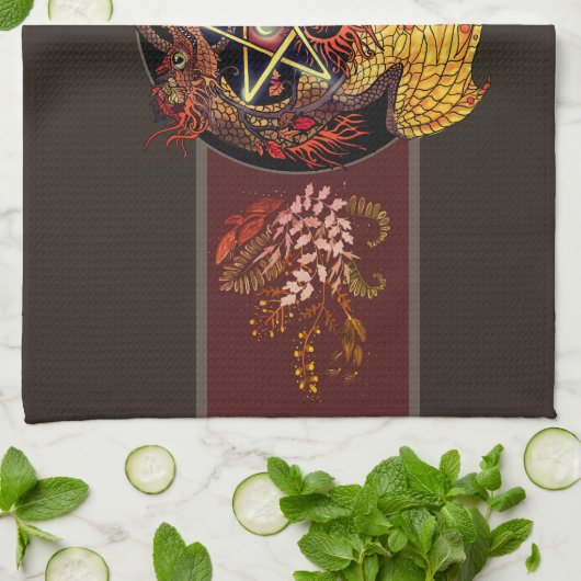 verzegeld zijn Art Nouveau Pentacle Dragon Kitchen Theedoek (Gevouwen)