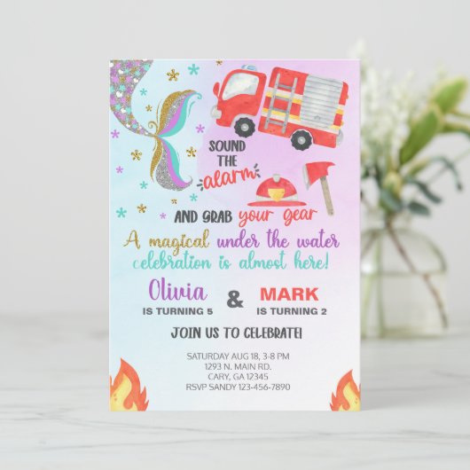 Verzegelingen zeemeermin en brandweerwagen-verjaar kaart (Staand voorkant)