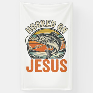 Verzeild in Jezus Vintage Bass Vissen Geloof Spandoek