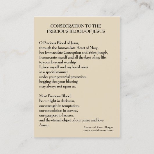 Verzekering Edel Bloed van Jezus Prayer Visitekaartje (Achterkant)