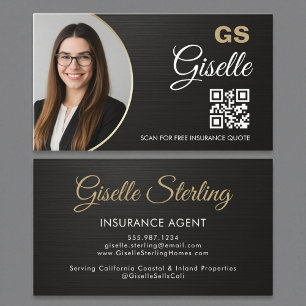 Verzekeringsagent Metallic Zwart Foto QR-code Visitekaartje