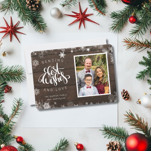 Verzenden van beste wensen Script Foto Wood Snowfl Feestdagenkaart