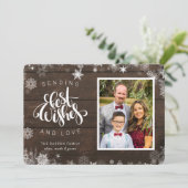 Verzenden van beste wensen Script Foto Wood Snowfl Feestdagenkaart (Staand voorkant)