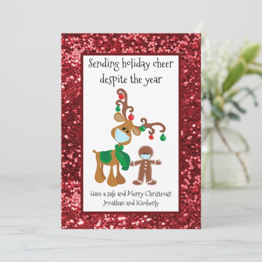 Verzendend Holiday Cheer Reindeer Face Mask Glitte Feestdagenkaart (Staand voorkant)