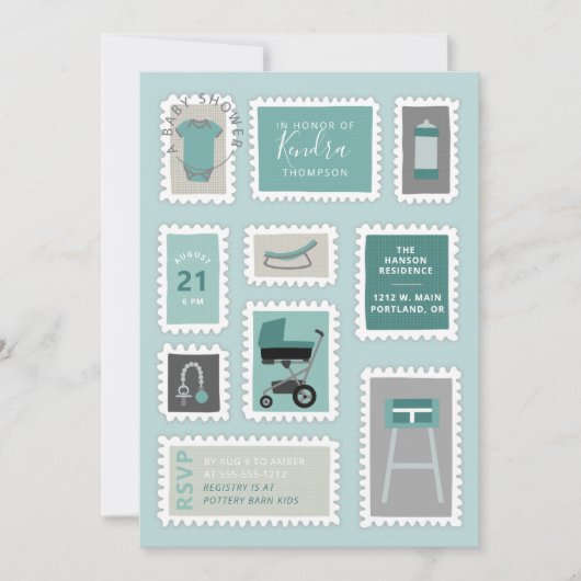 Verzendstempels met baby doucheuitnodiging kaart (Voorkant)