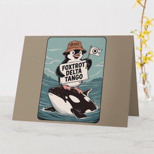 Verzet Pinguïn Activisme Vintage Protest Kaart (Gele Bloem)