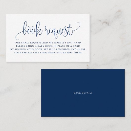 Verzoek om  Baby shower van Navy Blue Script Book Visitekaartje (Voorkant / Achterkant)