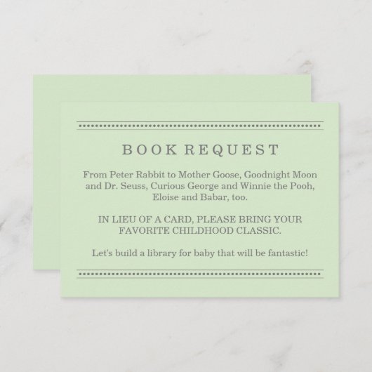 Verzoek om een groen Baby shower Boek Informatiekaartje (Voorkant / Achterkant)