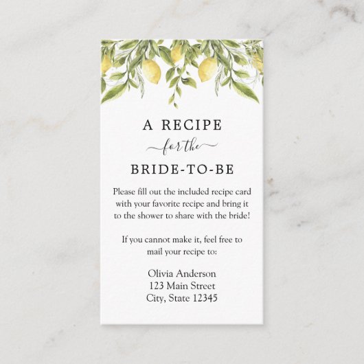 Verzoek om recept van Lemon en Greenery Informatiekaartje (Voorkant)