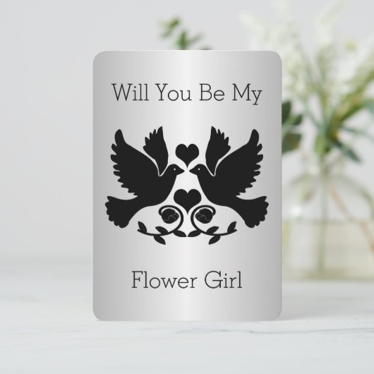 Verzoek van bloemenmeisje in het zwart en zilver v kaart (Staand voorkant)