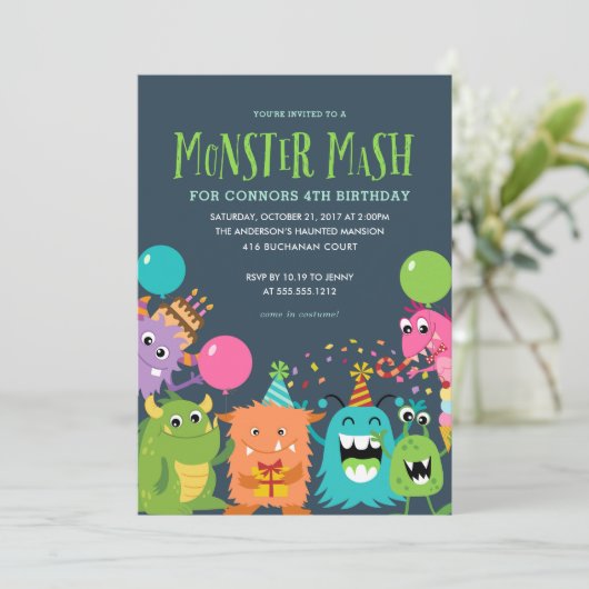 VERZOEK VAN MONSTER MASH KIDS BIRTHDAY PARTIJ KAART (Staand voorkant)